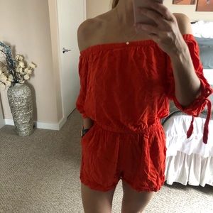 Coral orange off the shoulder romper small ties